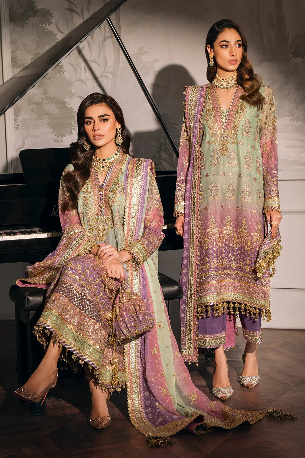 Baroque CH12-08 Green Shirt with Plazo, Frock with Plazo for Formal Events - Pakistani Designer Wear for Women in UK | Kifat