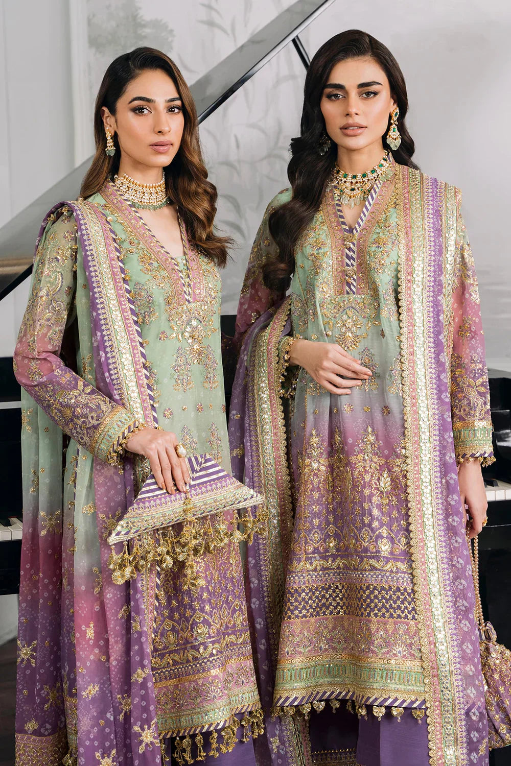 Baroque CH12-08 Green Shirt with Plazo, Frock with Plazo for Formal Events - Pakistani Designer Wear for Women in UK | Kifat