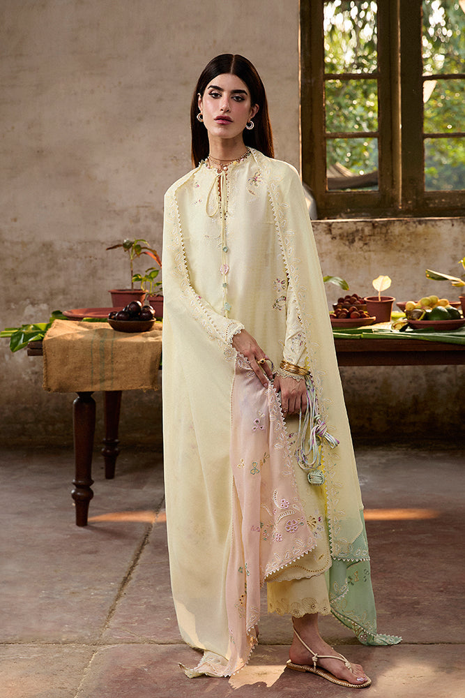 Model Wearing Suffuse by Sana Yasir AMAAH Butter Yellow Long shirt with culottes for Casual Dress- Pakistani Designer wear for Women in UK | Kifat