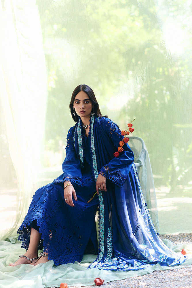 Women Wearing ZAREH Cobalt Blue Long Shirt with Pants for Festive Events - Pakistani Designer Wear for Women in UK | Kifat