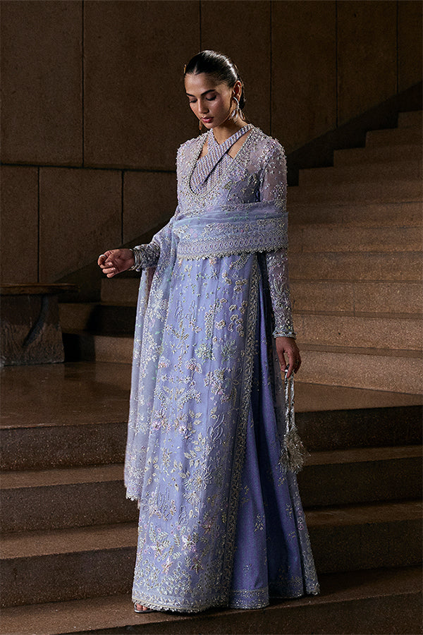 Model Wearing Suffuse by Sana Yasir Calira Periwinkle Long Shirt with bell-cut pants for Wedding Wear - Pakistani Designer wear for Women in UK | Kifat
