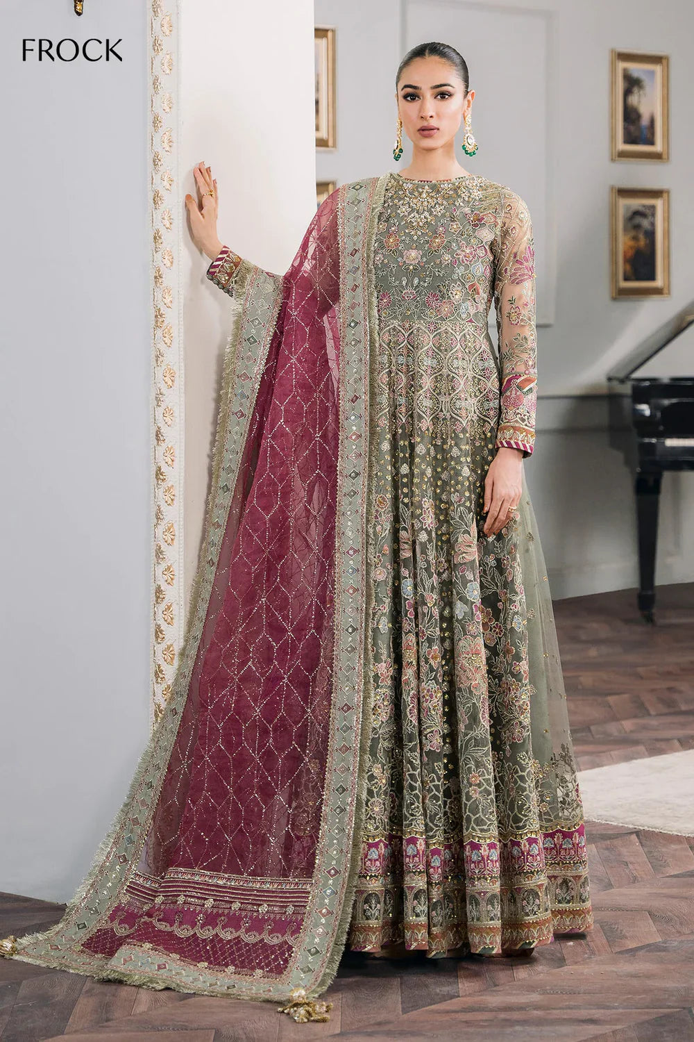 Baroque CH12-02 Sage Green Frock,Gown for Wedding Wear - Pakistani Designer Wear for Women in UK | Kifat