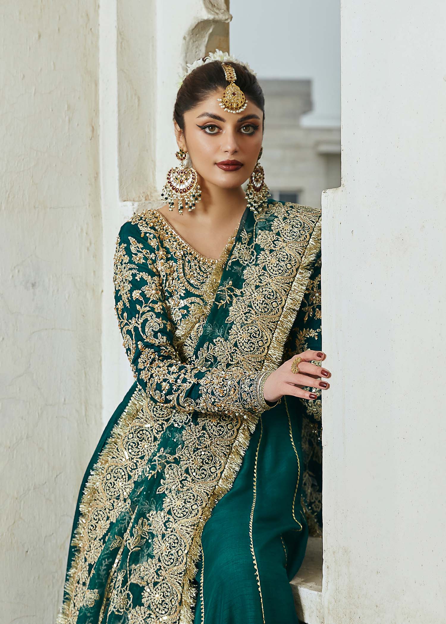Kanwal Malik Bottle Greeen Pishwas with floor-length silhouette for Luxury Wedding wear - Pakistani Designer Wear for Women in UK | Kifat