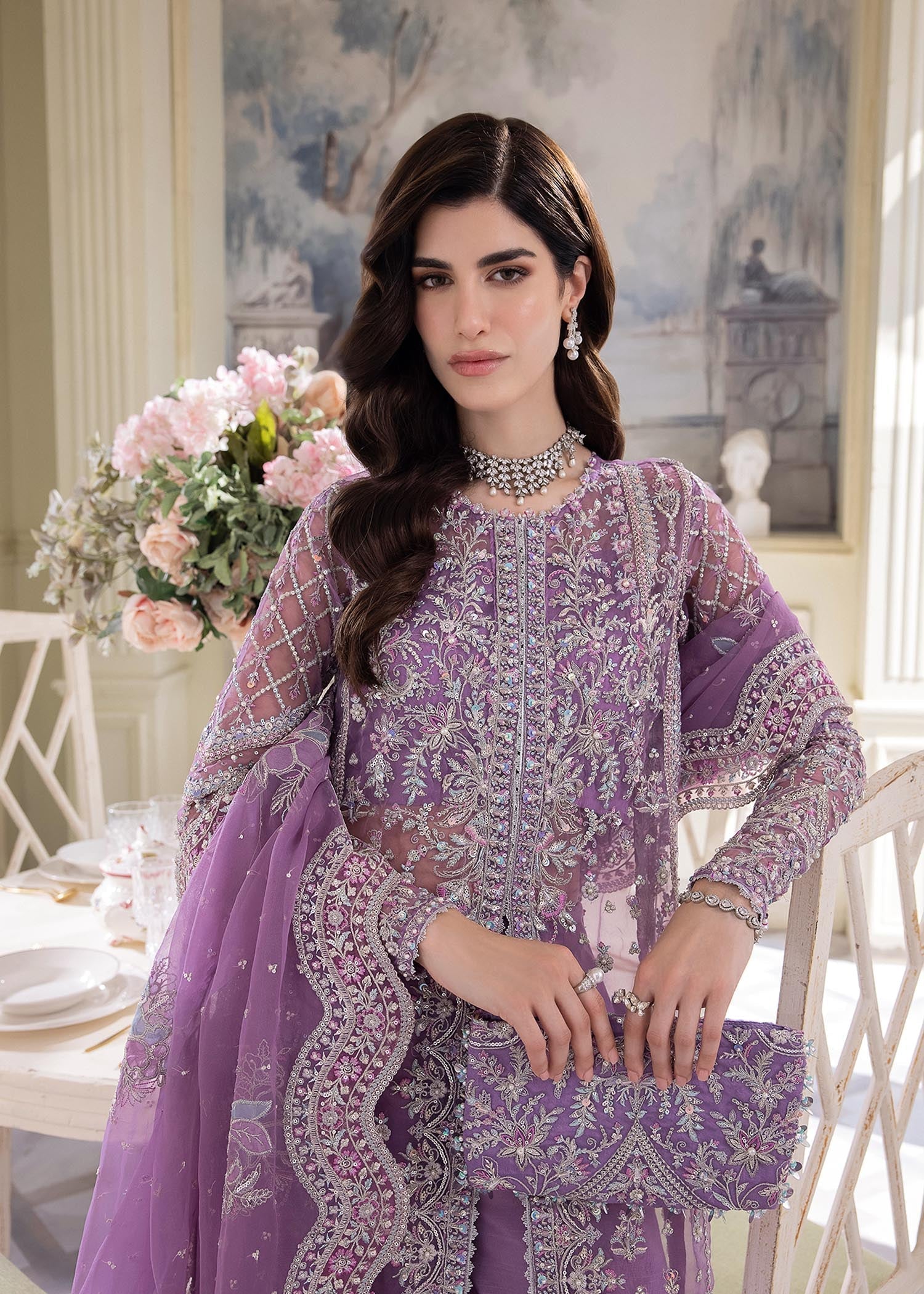 Kanwal Malik Lilac front open organza gown with flared Pants for Luxury Wedding wear - Pakistani Designer Wear for Women in UK | Kifat