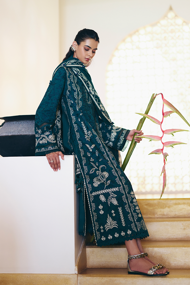 Model Wearing Suffuse by Sana Yasir IVERA Peacock Green Shirt with Straight-cut pants for Casual Dress- Pakistani Designer wear for Women in UK | Kifat