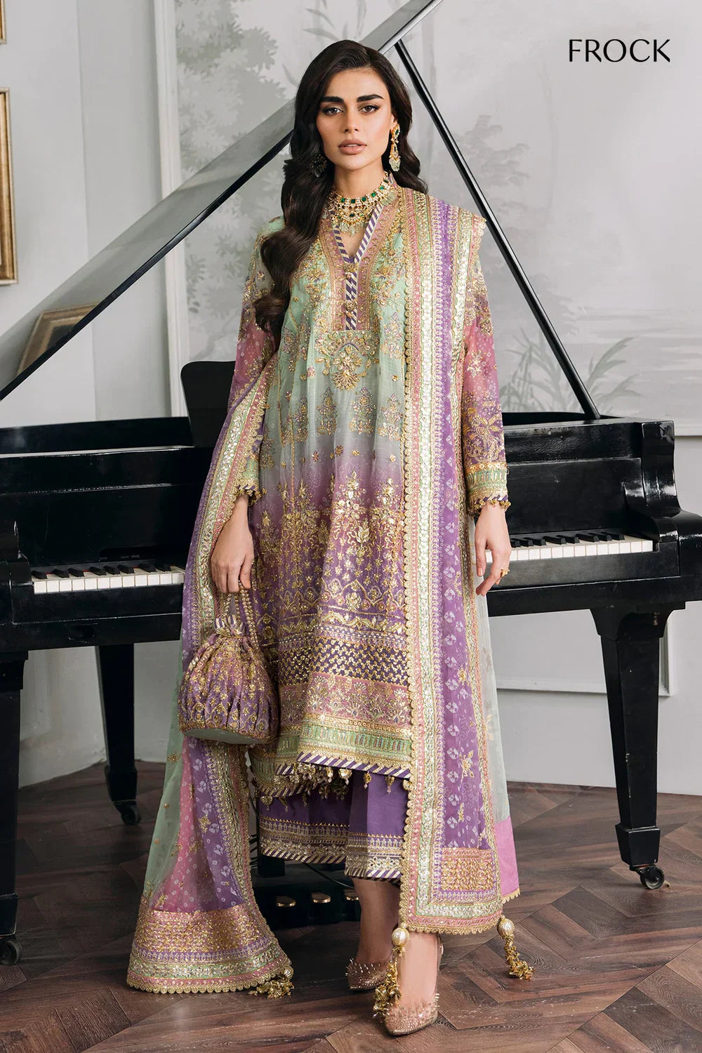 Baroque CH12-08 Green Shirt with Plazo, Frock with Plazo for Formal Events - Pakistani Designer Wear for Women in UK | Kifat