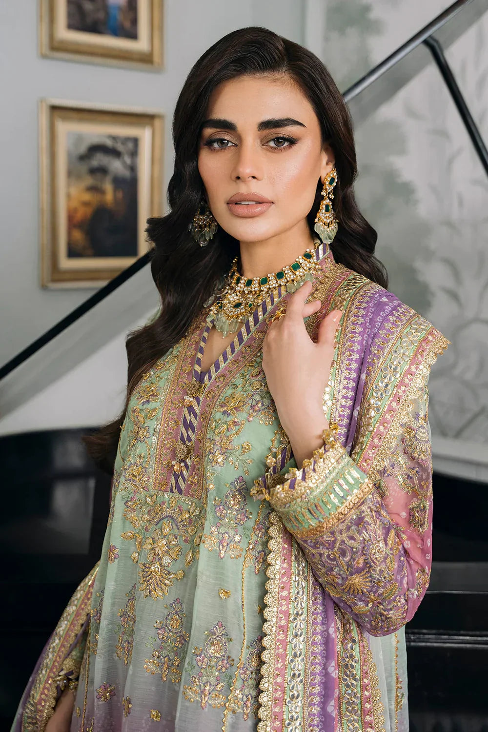 Baroque CH12-08 Green Shirt with Plazo, Frock with Plazo for Formal Events - Pakistani Designer Wear for Women in UK | Kifat