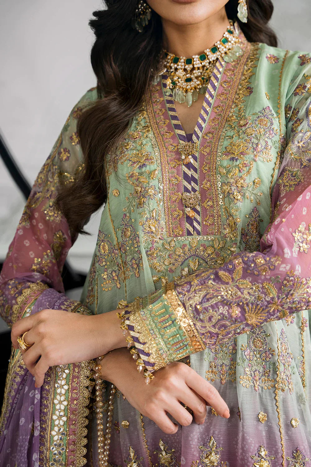 Baroque CH12-08 Green Shirt with Plazo, Frock with Plazo for Formal Events - Pakistani Designer Wear for Women in UK | Kifat