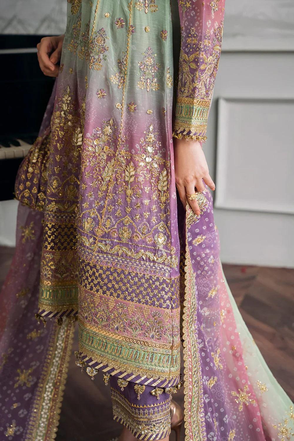 Baroque CH12-08 Green Shirt with Plazo, Frock with Plazo for Formal Events - Pakistani Designer Wear for Women in UK | Kifat