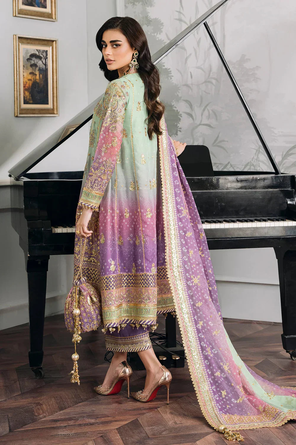 Baroque CH12-08 Green Shirt with Plazo, Frock with Plazo for Formal Events - Pakistani Designer Wear for Women in UK | Kifat