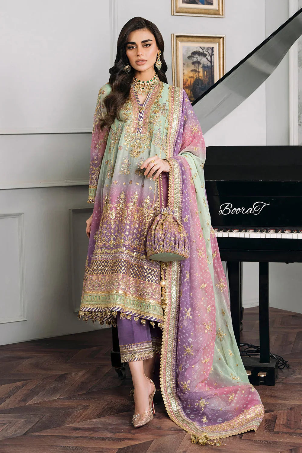 Baroque CH12-08 Green Shirt with Plazo, Frock with Plazo for Formal Events - Pakistani Designer Wear for Women in UK | Kifat