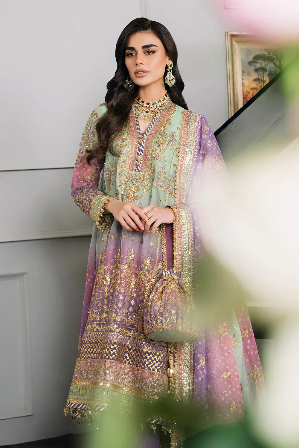 Baroque CH12-08 Green Shirt with Plazo, Frock with Plazo for Formal Events - Pakistani Designer Wear for Women in UK | Kifat