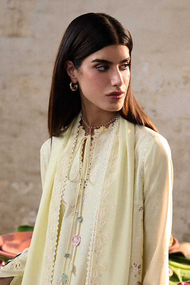 Model Wearing Suffuse by Sana Yasir AMAAH Butter Yellow Long shirt with culottes for Casual Dress- Pakistani Designer wear for Women in UK | Kifat
