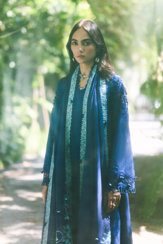 Women Wearing ZAREH Cobalt Blue Long Shirt with Pants for Festive Events - Pakistani Designer Wear for Women in UK | Kifat