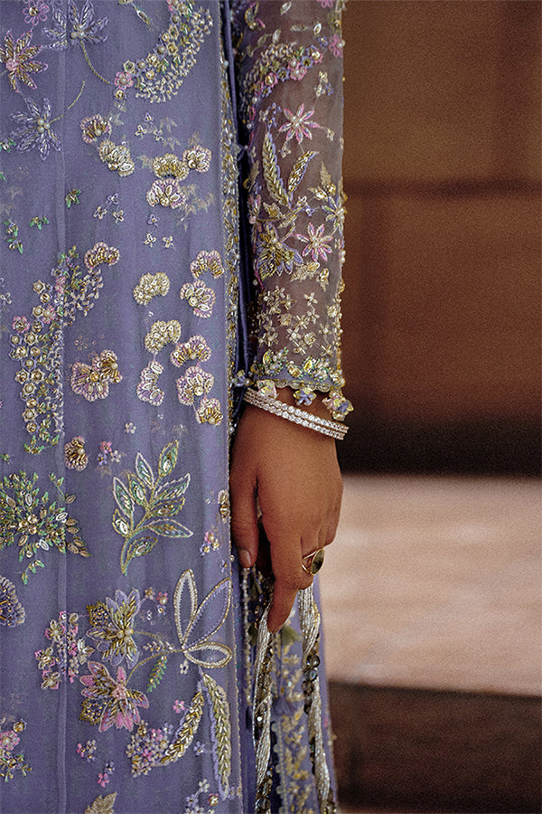 Model Wearing Suffuse by Sana Yasir Calira Periwinkle Long Shirt with bell-cut pants for Wedding Wear - Pakistani Designer wear for Women in UK | Kifat