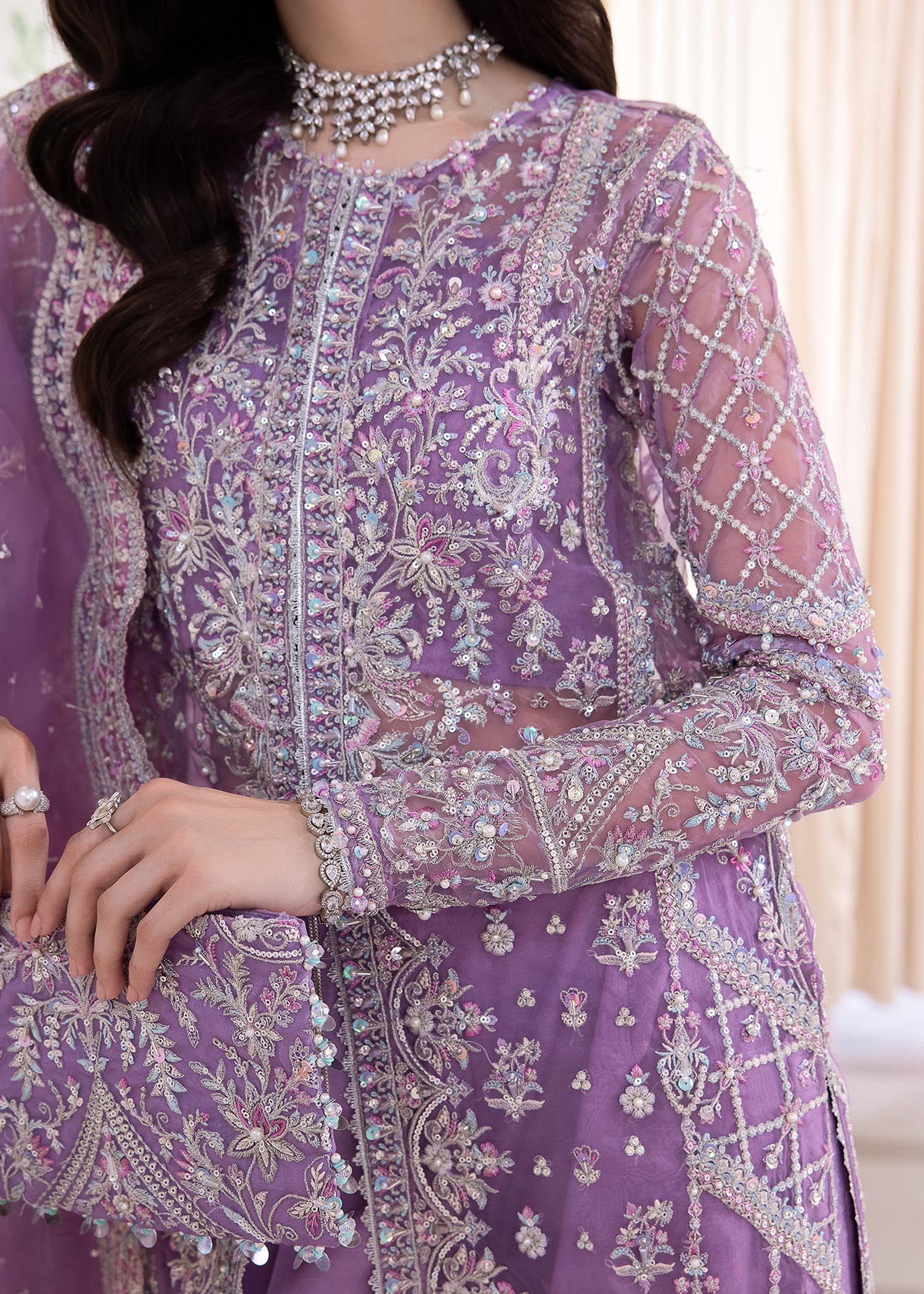 Kanwal Malik Lilac front open organza gown with flared Pants for Luxury Wedding wear - Pakistani Designer Wear for Women in UK | Kifat