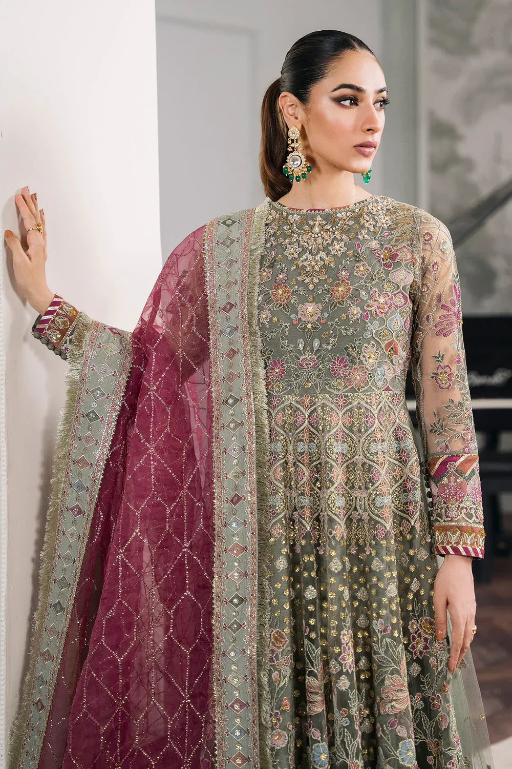 Baroque CH12-02 Sage Green Frock,Gown for Wedding Wear - Pakistani Designer Wear for Women in UK | Kifat