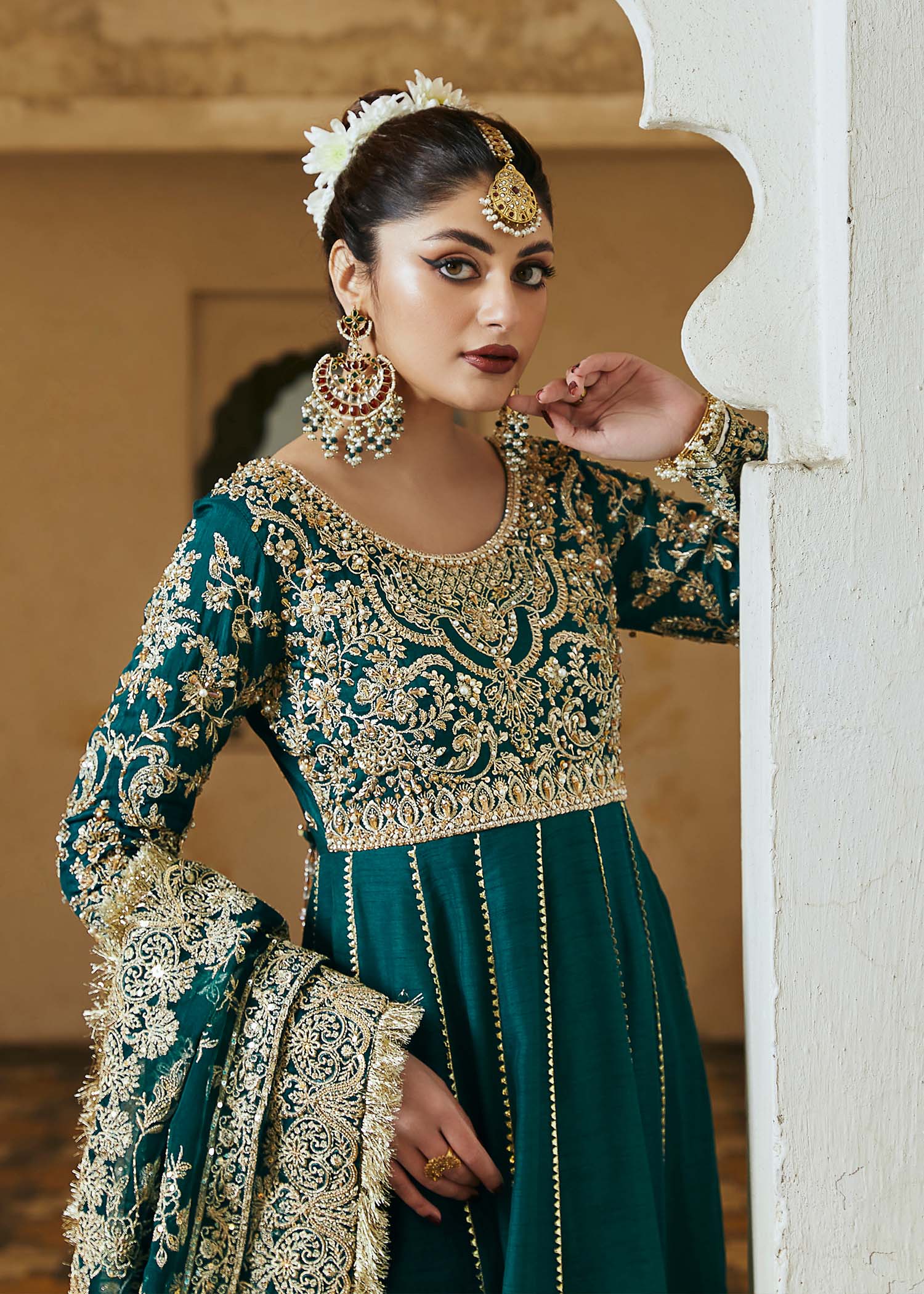 Kanwal Malik Bottle Greeen Pishwas with floor-length silhouette for Luxury Wedding wear - Pakistani Designer Wear for Women in UK | Kifat
