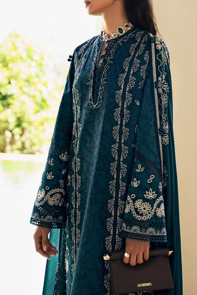 Model Wearing Suffuse by Sana Yasir IVERA Peacock Green Shirt with Straight-cut pants for Casual Dress- Pakistani Designer wear for Women in UK | Kifat