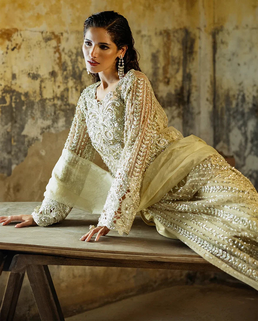 Women Wearing Marguerite Golden Long Shirt for Wedding Events - Pakistani Designer Wear for Women in UK | Kifat