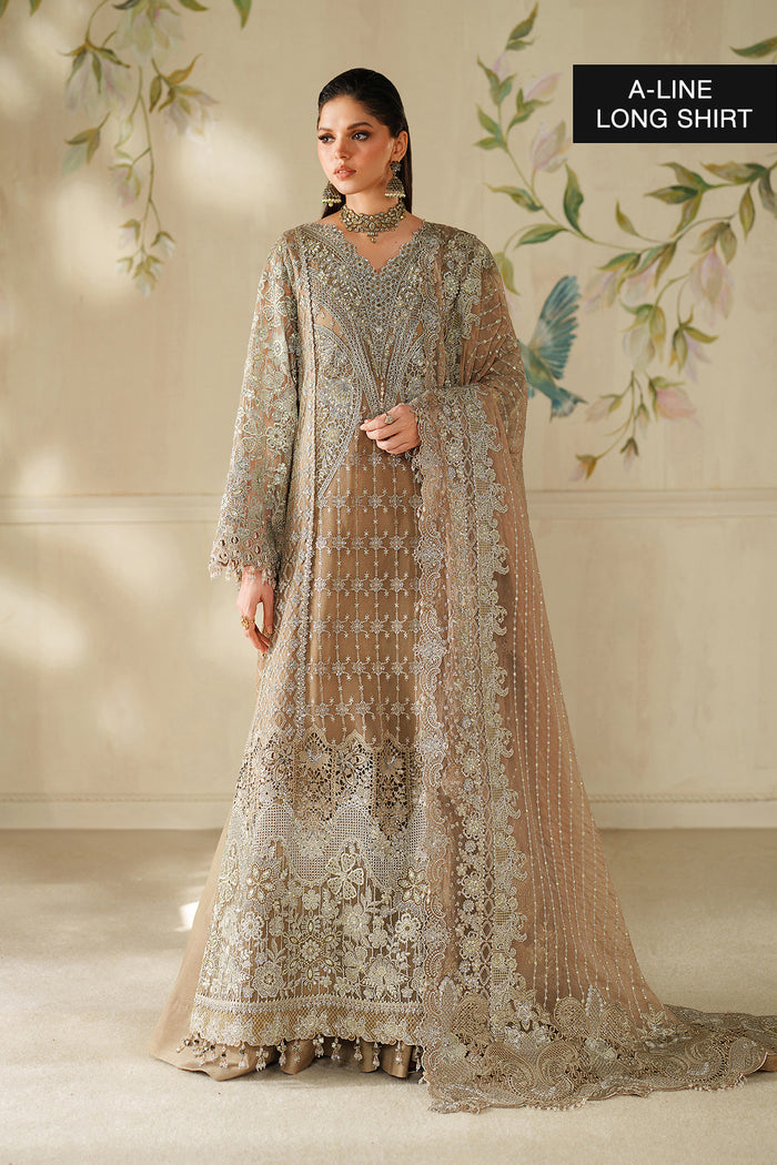 Baroque CH14-08 Coffee A-Line Shirt with Sharara Pants,Sleek Shirt with Trouser for Formal Events - Pakistani Designer Wear for Women in UK | Kifat