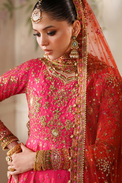 Baroque CH14-03 Hot Pink Lehenga Choli With Full Fitted Sleeves & Two Statement Dupattas,Peshwas With Basic Trouser & Two Statement Dupattas for Bridal Wear - Pakistani Designer Wear for Women in UK | Kifat