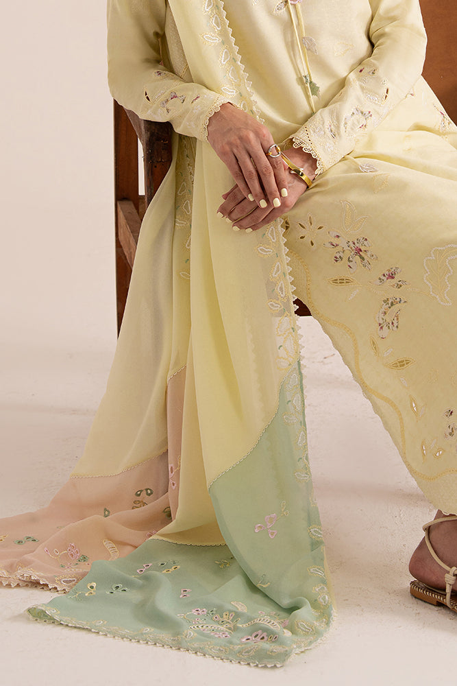 Model Wearing Suffuse by Sana Yasir AMAAH Butter Yellow Long shirt with culottes for Casual Dress- Pakistani Designer wear for Women in UK | Kifat