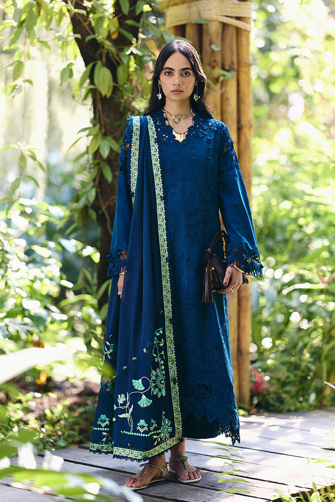 Women Wearing ZAREH Cobalt Blue Long Shirt with Pants for Festive Events - Pakistani Designer Wear for Women in UK | Kifat