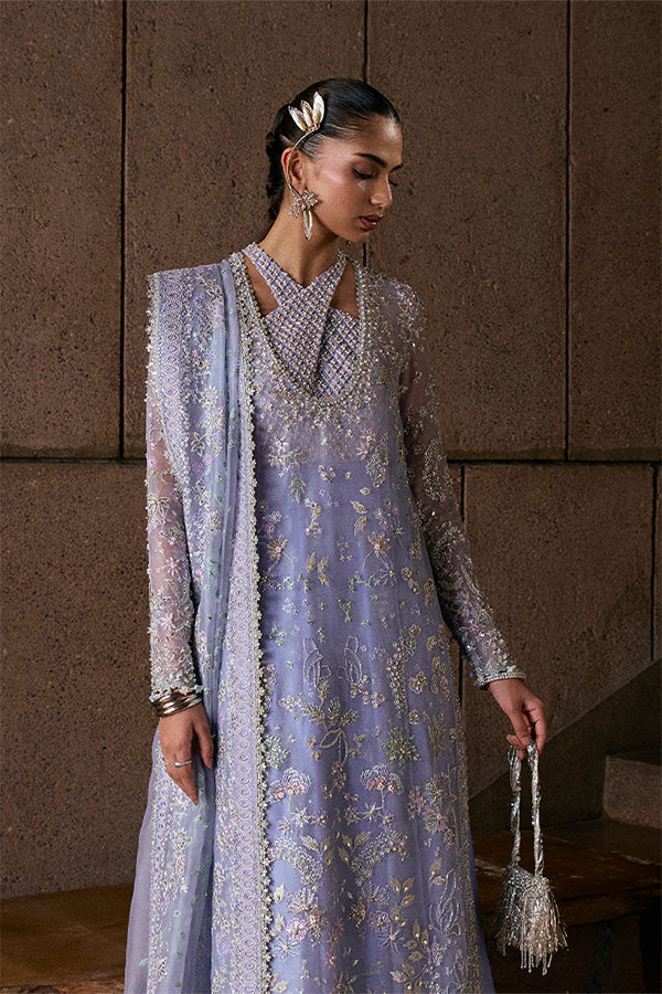 Model Wearing Suffuse by Sana Yasir Calira Periwinkle Long Shirt with bell-cut pants for Wedding Wear - Pakistani Designer wear for Women in UK | Kifat