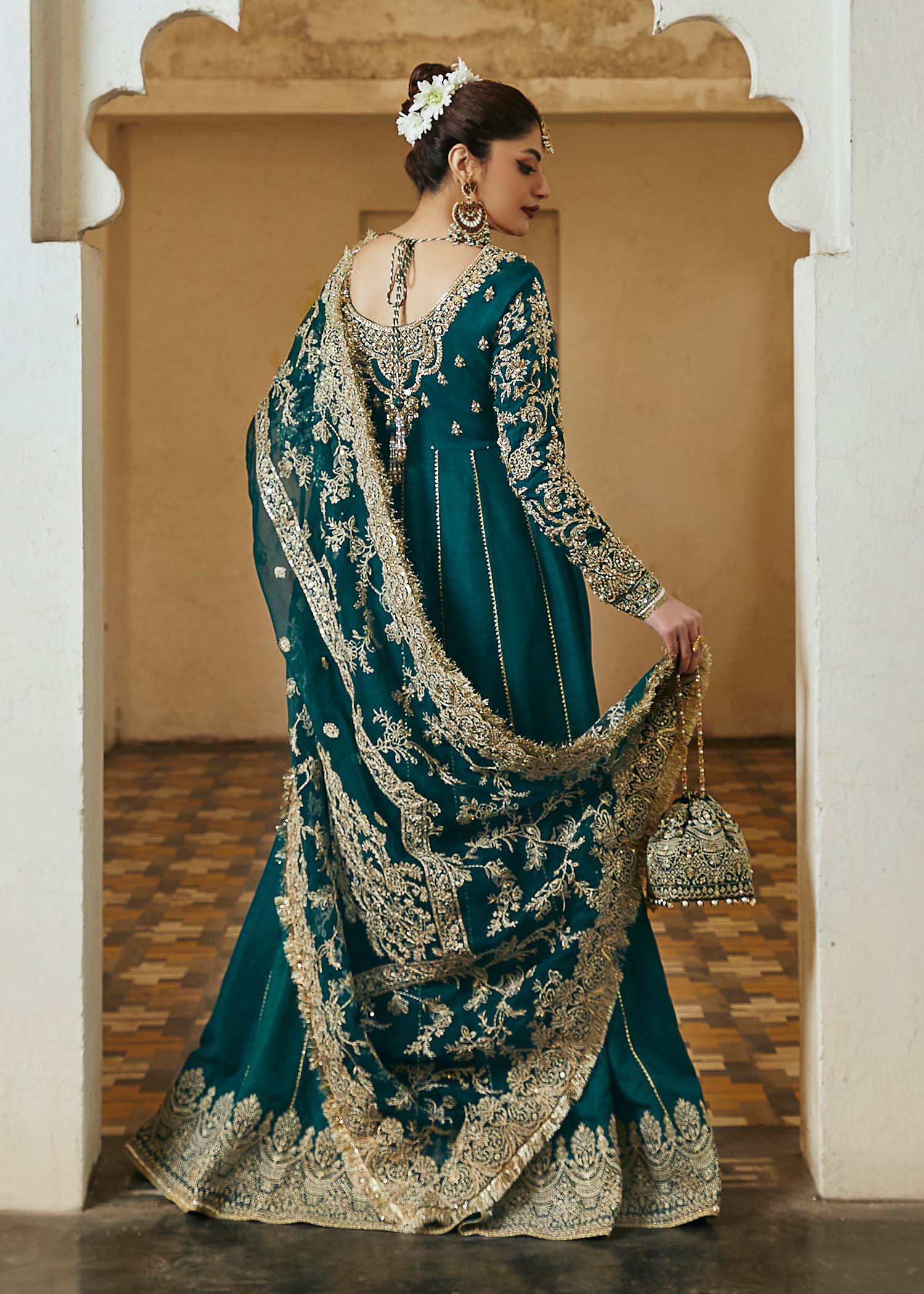Kanwal Malik Bottle Greeen Pishwas with floor-length silhouette for Luxury Wedding wear - Pakistani Designer Wear for Women in UK | Kifat