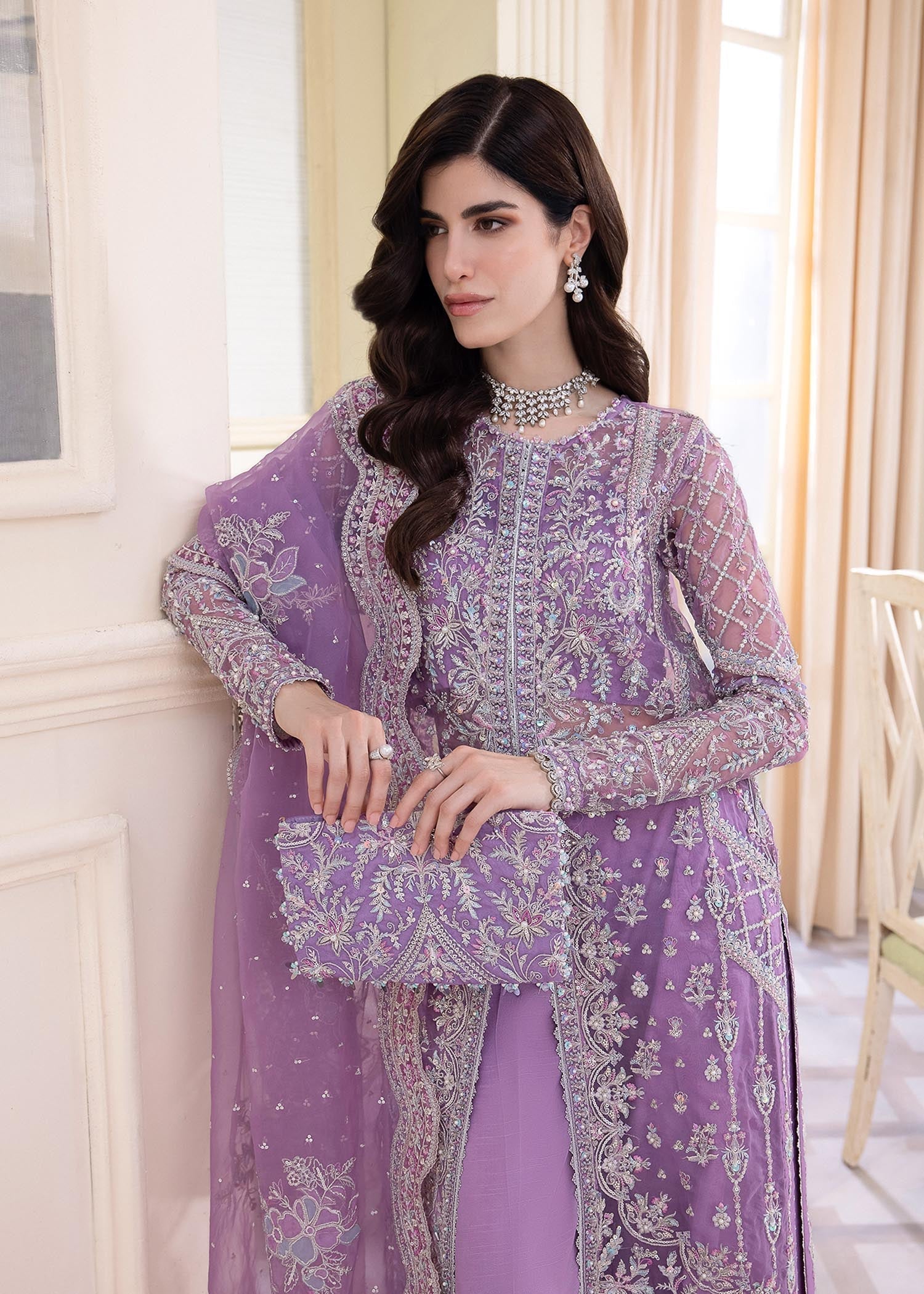 Kanwal Malik Lilac front open organza gown with flared Pants for Luxury Wedding wear - Pakistani Designer Wear for Women in UK | Kifat
