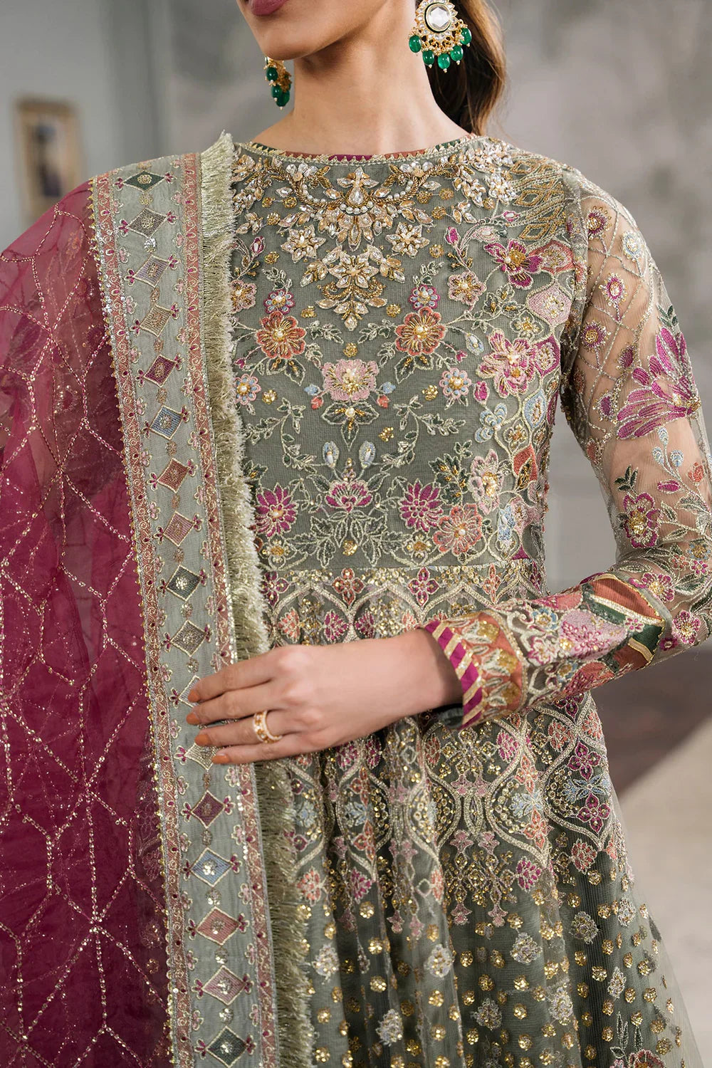 Baroque CH12-02 Sage Green Frock,Gown for Wedding Wear - Pakistani Designer Wear for Women in UK | Kifat