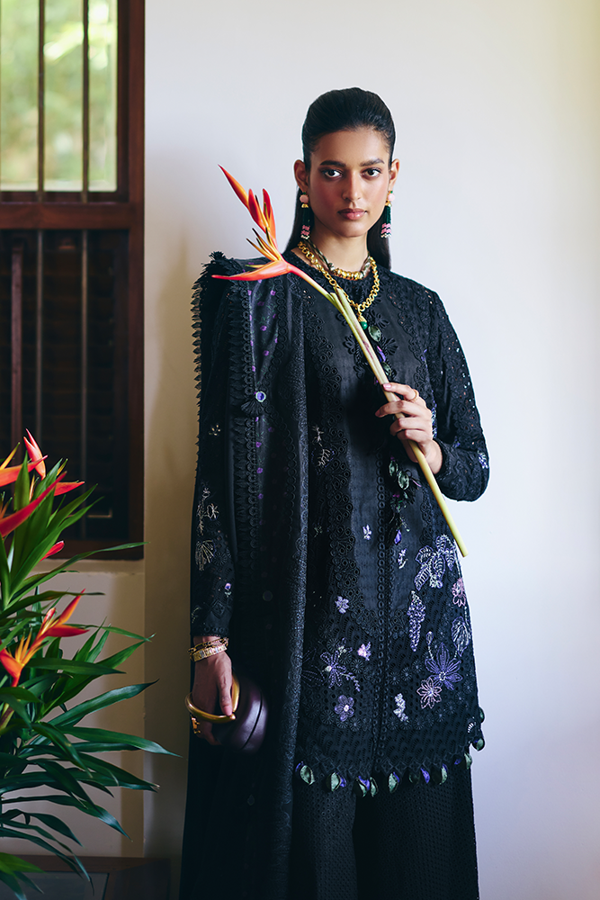 Model Wearing Suffuse by Sana Yasir LEYLA Midnight Black Shirt with bell-bottom pants for Casual Dress- Pakistani Designer wear for Women in UK | Kifat