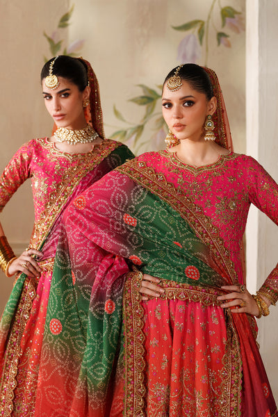 Baroque CH14-03 Hot Pink Lehenga Choli With Full Fitted Sleeves & Two Statement Dupattas,Peshwas With Basic Trouser & Two Statement Dupattas for Bridal Wear - Pakistani Designer Wear for Women in UK | Kifat