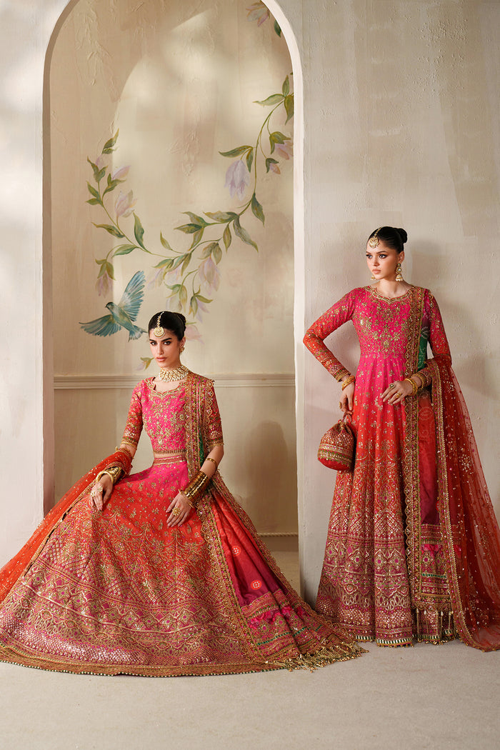 Baroque CH14-03 Hot Pink Lehenga Choli With Full Fitted Sleeves & Two Statement Dupattas,Peshwas With Basic Trouser & Two Statement Dupattas for Bridal Wear - Pakistani Designer Wear for Women in UK | Kifat