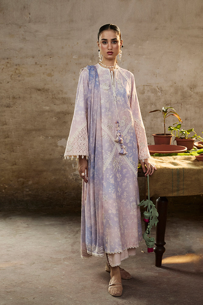 Model Wearing Suffuse by Sana Yasir EESHAR Periwinkle Peach Kaftan with culottes for Casual Dress- Pakistani Designer wear for Women in UK | Kifat
