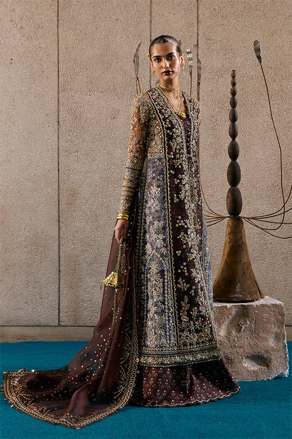 Model Wearing Suffuse by Sana Yasir Vionna Dark brown front open shirt with sharara for Wedding Wear - Pakistani Designer wear for Women in UK | Kifat