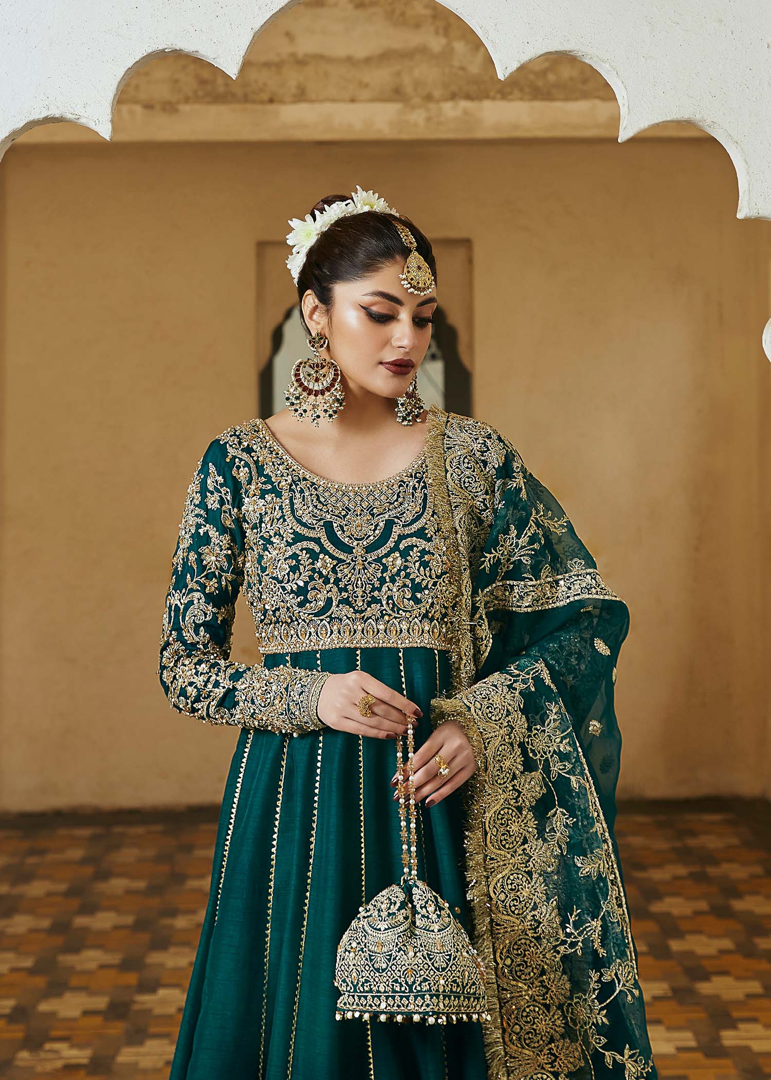Kanwal Malik Bottle Greeen Pishwas with floor-length silhouette for Luxury Wedding wear - Pakistani Designer Wear for Women in UK | Kifat