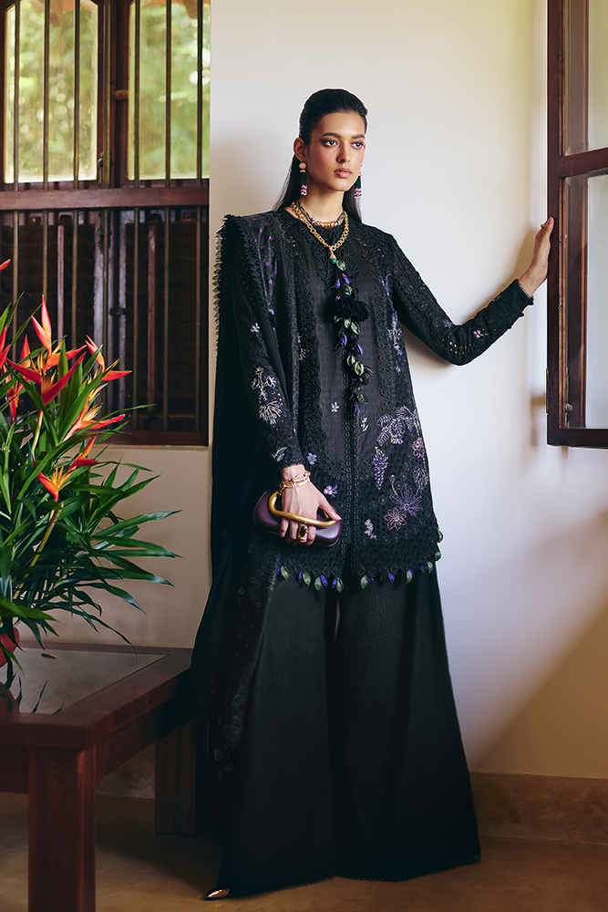 Model Wearing Suffuse by Sana Yasir LEYLA Midnight Black Shirt with bell-bottom pants for Casual Dress- Pakistani Designer wear for Women in UK | Kifat