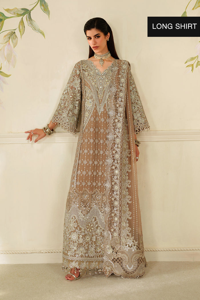 Baroque CH14-08 Coffee A-Line Shirt with Sharara Pants,Sleek Shirt with Trouser for Formal Events - Pakistani Designer Wear for Women in UK | Kifat