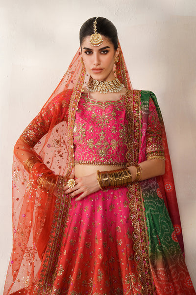 Baroque CH14-03 Hot Pink Lehenga Choli With Full Fitted Sleeves & Two Statement Dupattas,Peshwas With Basic Trouser & Two Statement Dupattas for Bridal Wear - Pakistani Designer Wear for Women in UK | Kifat