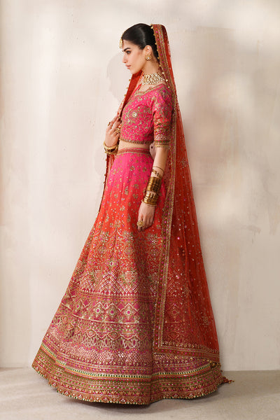 Baroque CH14-03 Hot Pink Lehenga Choli With Full Fitted Sleeves & Two Statement Dupattas,Peshwas With Basic Trouser & Two Statement Dupattas for Bridal Wear - Pakistani Designer Wear for Women in UK | Kifat