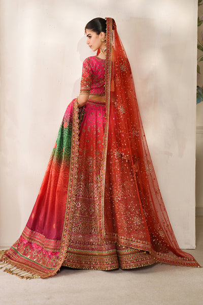 Baroque CH14-03 Hot Pink Lehenga Choli With Full Fitted Sleeves & Two Statement Dupattas,Peshwas With Basic Trouser & Two Statement Dupattas for Bridal Wear - Pakistani Designer Wear for Women in UK | Kifat