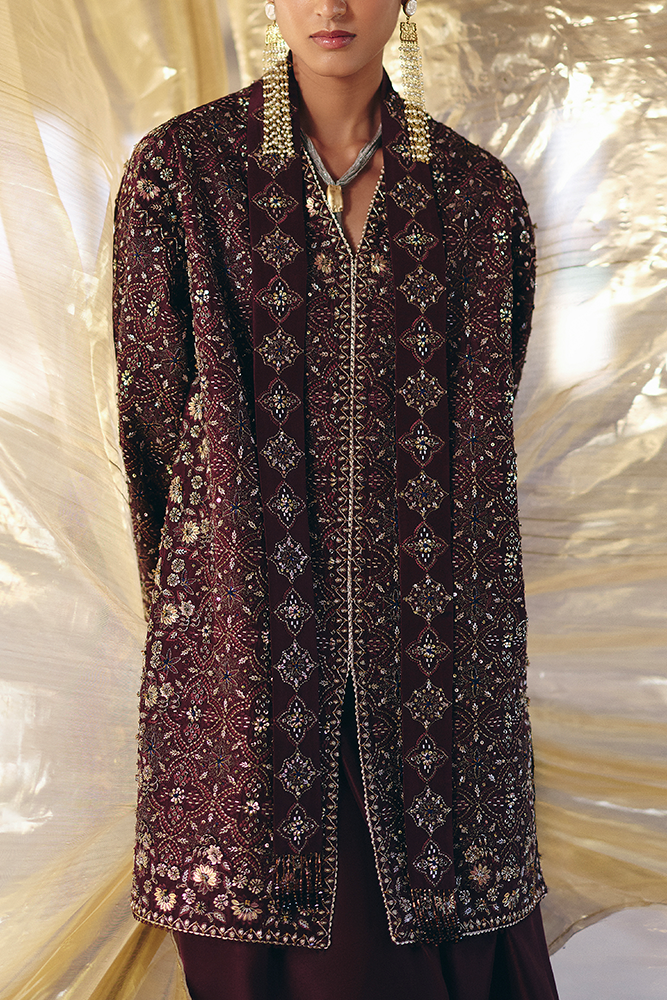 Model Wearing Suffuse by Sana Yasir ORANA Chocolate amber front open jacket with pants for Formal Events- Pakistani Designer wear for Women in UK | Kifat