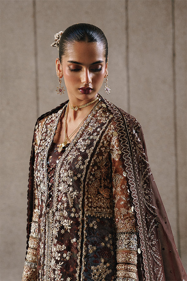 Model Wearing Suffuse by Sana Yasir Vionna Dark brown front open shirt with sharara for Wedding Wear - Pakistani Designer wear for Women in UK | Kifat
