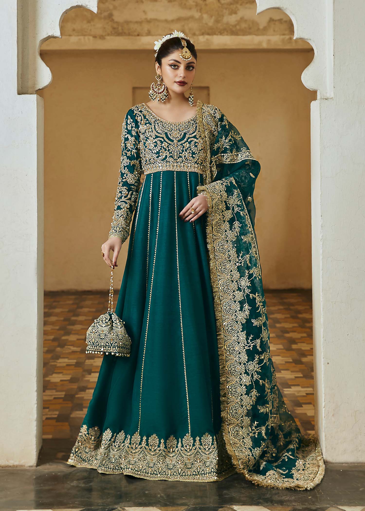 Kanwal Malik Bottle Greeen Pishwas with floor-length silhouette for Luxury Wedding wear - Pakistani Designer Wear for Women in UK | Kifat