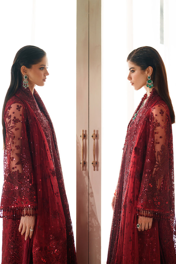 Baroque CH14-01 Maroon Sleek Long Shirt with Crushed Sharara,Front Open Gown with Sharara Pants for Wedding Wear - Pakistani Designer Wear for Women in UK | Kifat