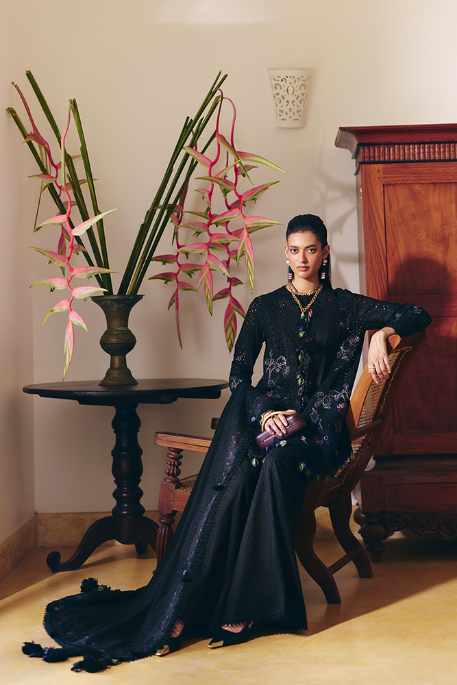 Model Wearing Suffuse by Sana Yasir LEYLA Midnight Black Shirt with bell-bottom pants for Casual Dress- Pakistani Designer wear for Women in UK | Kifat