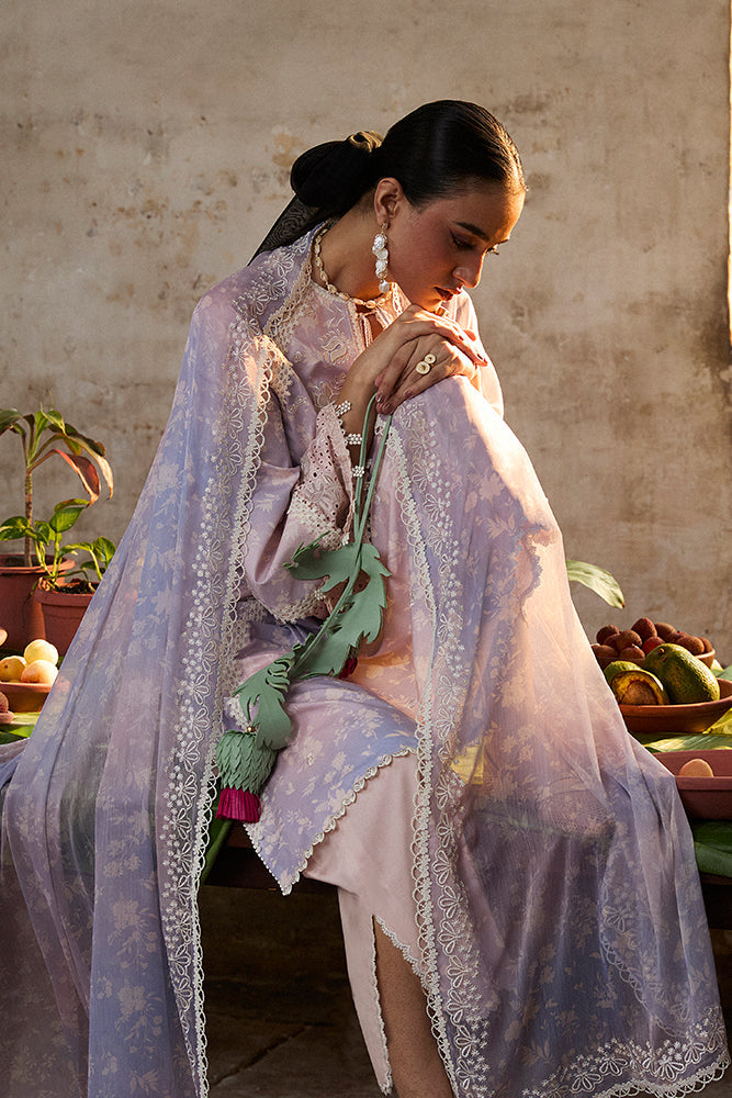 Model Wearing Suffuse by Sana Yasir EESHAR Periwinkle Peach Kaftan with culottes for Casual Dress- Pakistani Designer wear for Women in UK | Kifat