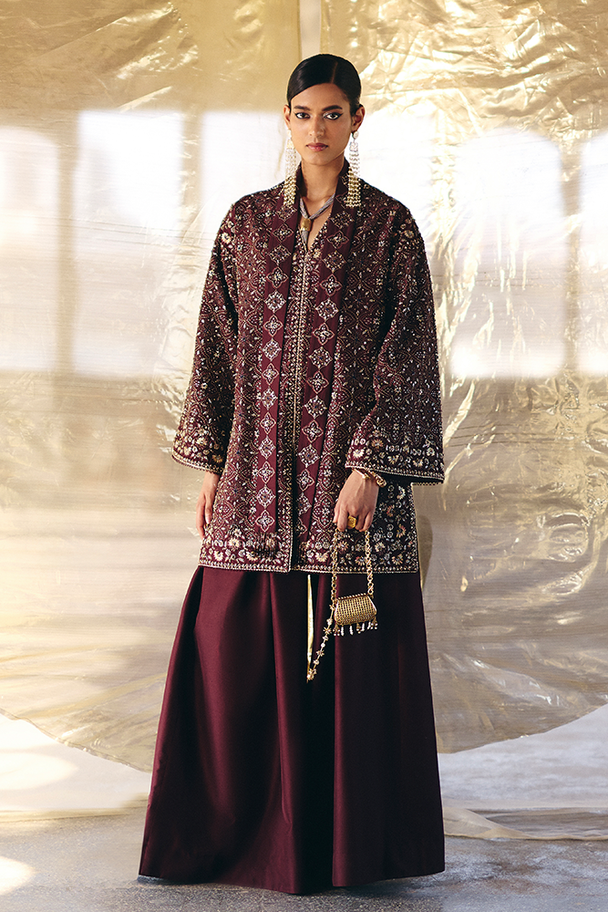 Model Wearing Suffuse by Sana Yasir ORANA Chocolate amber front open jacket with pants for Formal Events- Pakistani Designer wear for Women in UK | Kifat